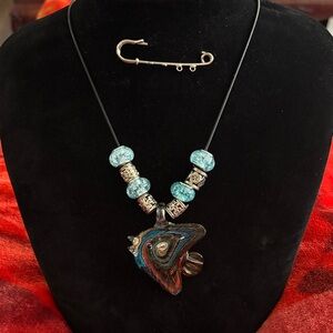 Handmade Glass Fish Pendant Necklace with Blue and Silver Accents